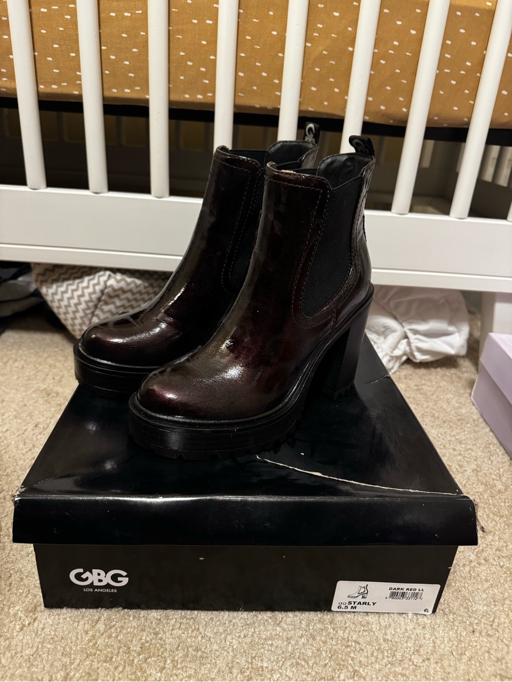 GBG Los Angeles Burgundy Patent Platform Chelsea Boots